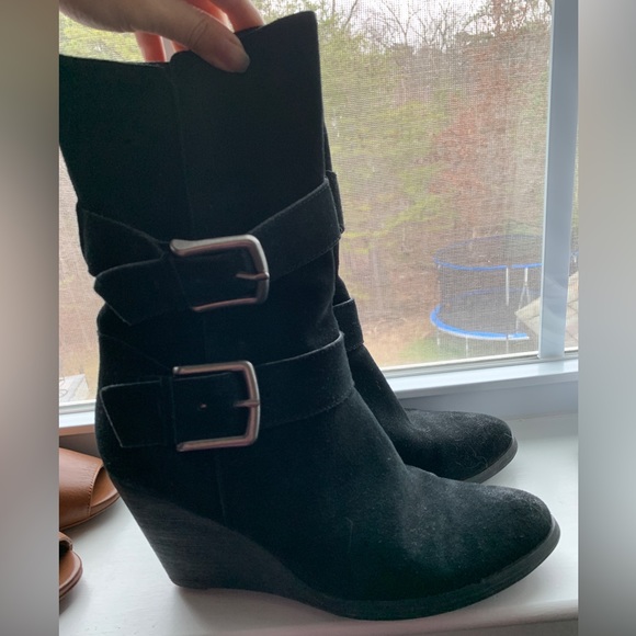 Very Volatile Black Suede mid calf wedge boots with buckles - Picture 1 of 3